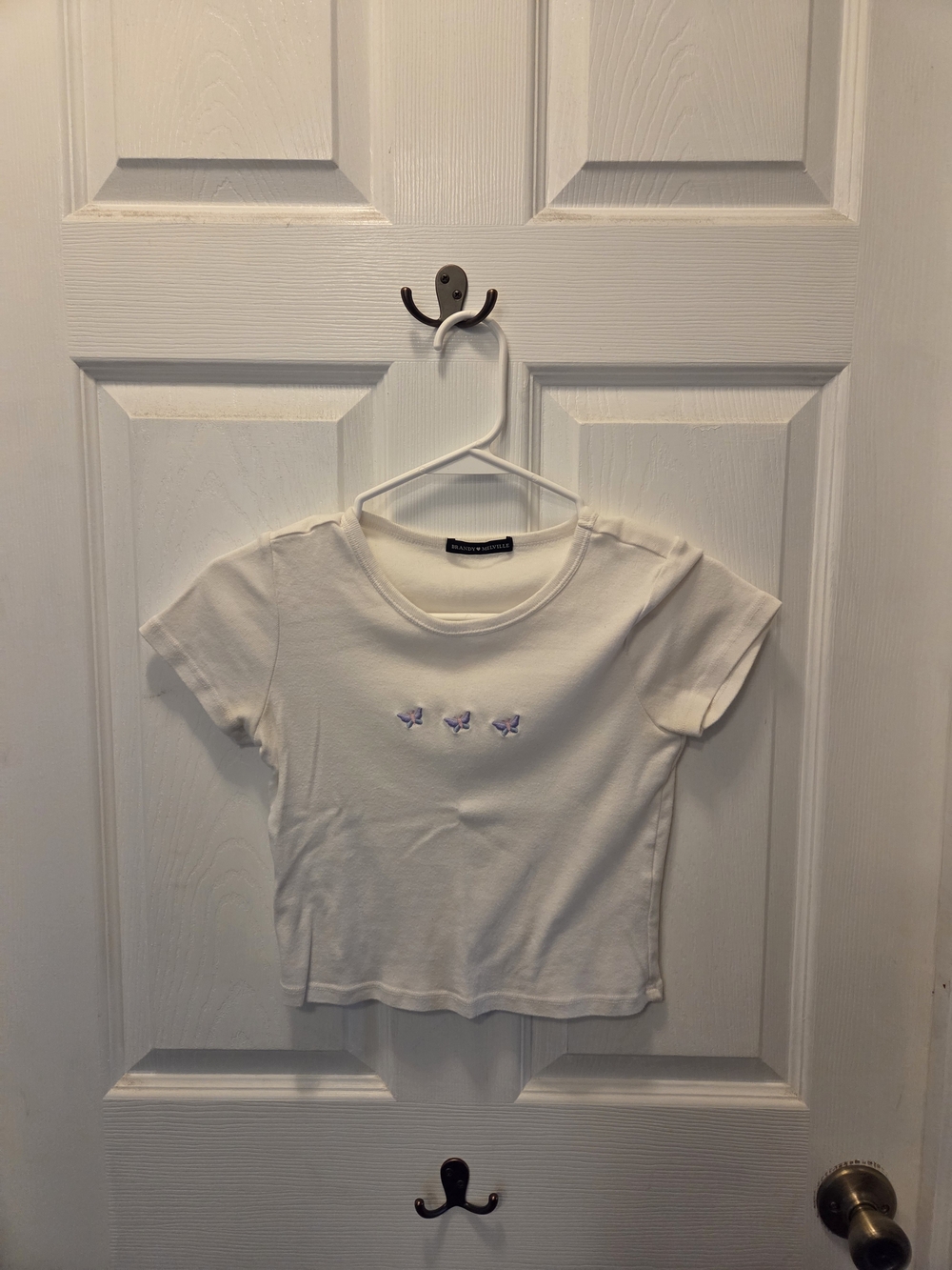 Brandy Melville White Crop Tee with Purple Butterfly Embroidery